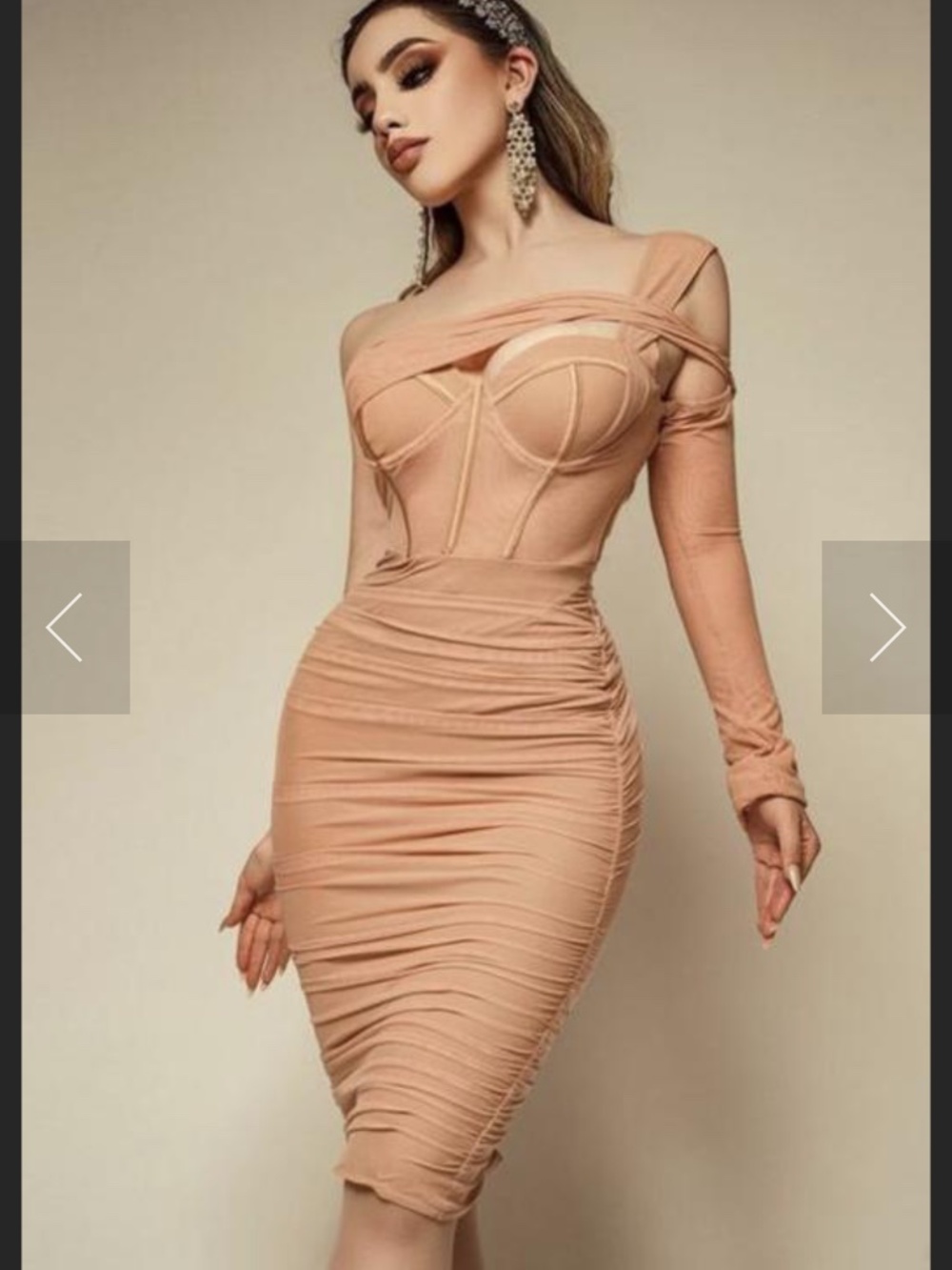 Oh Polly Nude Corset Ruched One Shoulder Midi Dress Size 4 NWT